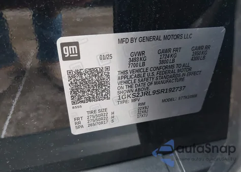 2025 GMC Yukon Xl 4Wd Denali z USA, uszkodzony, nr VIN 1GKS2JRL9SR192737